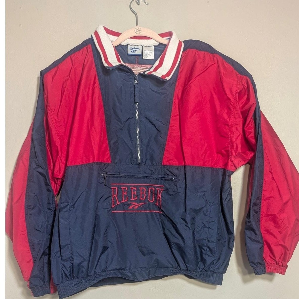 Vintage 90s Reebok Windbreaker Jacket Mens L Red Navy Colorblock Pullover